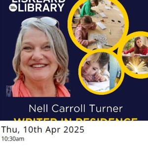 A photo of Nell Turner, plus three smaller photos of children writing. 