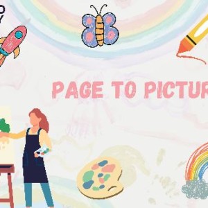 Cartoon Picture of a woman painting. Around her are cartoon drawings of a rainbow, a butterfly, a crayon and a rocket.