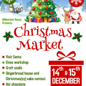 Poster advertising Christmas market at Millennium House Pensilva on Saturday 14th and Sunday 15th December 2024 from 10am until 3pm. Free parking and free entry