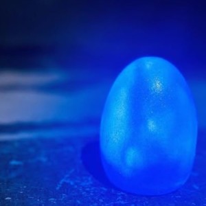 a photograph of a glowing blue egg