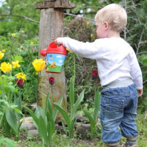 Child with watering can. Watering some flowers in a garden